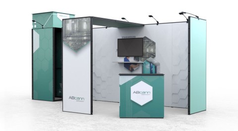 Messestand mit Abcam-Logo, Bildschirm und Produktdisplays