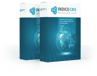 IndiceCMS Software Box mit digitalen Funktionen Verpackung der IndiceCMS Software mit einem digitalen Globus und Auflistung von Funktionen wie Website, eShop, App und Public Display.