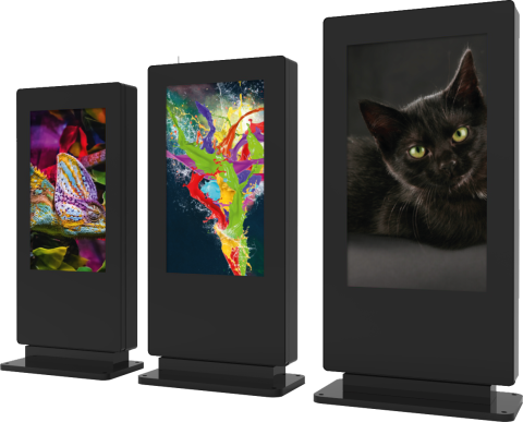 Drei digitale Poster in schwarzen Rahmen mit Bildern: ein Chamäleon, abstrakte Farben, und eine schwarze Katze.