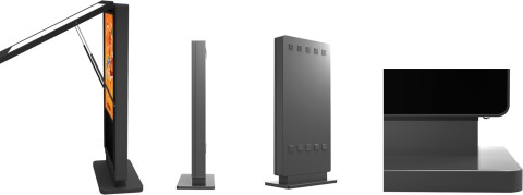 Mehrere Ansichten eines digitalen Displays oder Werbemonitors, seitlich und von hinten.