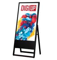 Mobiles Digital Signage Display im Hochformat mit DIGI UP Logo und farbenfrohem Motiv, als Werbeaufsteller mit Standfuß
