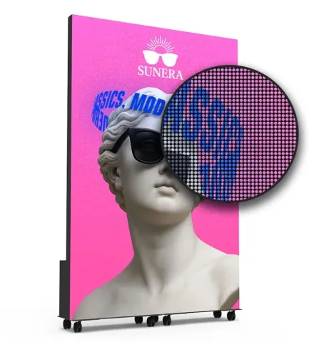 Digitaler Bildschirm mit Statue und Sonnenbrille, Text 