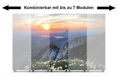 Illustration einer LED Stele mit Berglandschaftsmotiv und Text 