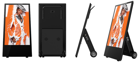 Vier Ansichten eines digitalen Kundenstoppers mit Display, Rädern und Ständer