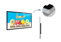 Slimline Digital Signage Display – ultraflacher Bildschirm für Werbung und Präsentationen Ultraflaches Slimline Digital Signage Display mit Werbemotiv für Sommerprodukte, seitliche und Detailansicht des Rahmens