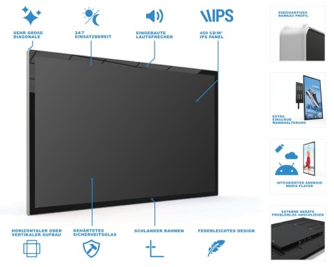 Slimline Digital Signage Display – großes IPS-Panel mit Sicherheitsglas und Android-Player Slimline Digital Signage Display mit großem IPS-Panel, gehärtetem Sicherheitsglas, eingebauten Lautsprechern und Android Media Player