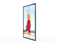 Digital Signage Display Modewerbung – Fashion-Kampagne am POS Digital Signage Display mit Modewerbung einer Frau im roten Kleid am Strand, eingesetzt im Einzelhandel