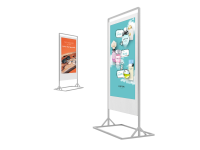 Weißes doppelseitiges Digital Signage Display mit stabilem Standfuß, beidseitig bespielt mit Brillenwerbung und Kosmetikwerbung