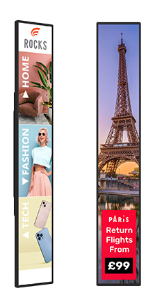 Schmale stretched Displays für digitale Werbung und Infos im Hoch- und Querformat