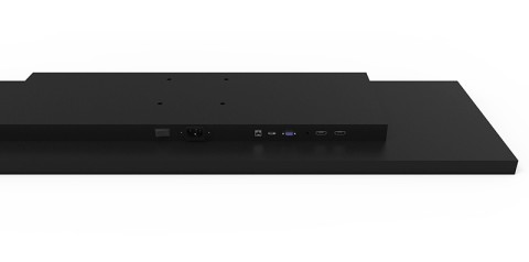 Detailansicht der Rückseite eines Monitors mit HDMI, USB und Netzwerkanschlüssen