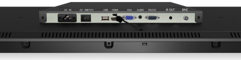 Nahaufnahme der Anschlussleiste eines Professional Monitors mit HDMI, VGA, USB, Audio, RS232 und BNC Schnittstellen