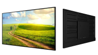 Professional Monitor Digital Signage – Front- und Rückansicht Werbedisplay Professional Digital Signage Monitor, links Frontansicht mit Landschaftsmotiv, rechts Rückansicht mit schwarzem Gehäuse und Befestigungspunkten