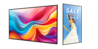 Professional Monitors Digital Signage – Displays für Werbung und Präsentationen Zwei professionelle Digital Signage Monitore, links im Querformat mit farbintensivem Design, rechts im Hochformat mit SALE-Werbung für Modeangebote