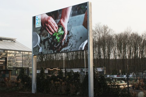 Große Outdoor LED-Wand mit Pflanzmotiv, installiert auf Metallpfosten im Außenbereich neben einem Gebäude