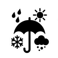 Icon: Rundum geschützt – Symbol mit Regenschirm, Sonne, Schneeflocke und Wolke gegen Regen, Sonnenlicht, Staub und Schnee, auf transparentem Hintergrund.