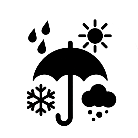 Icon: Rundum geschützt – Symbol mit Regenschirm, Sonne, Schneeflocke und Wolke gegen Regen, Sonnenlicht, Staub und Schnee, auf transparentem Hintergrund.