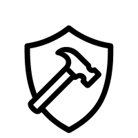 Icon für vandalismussichere Bauweise – Schild mit Hammer, Symbol für Robustheit und Schutz gegen Eingriffe, minimalistisches Design, transparenter Hintergrund.