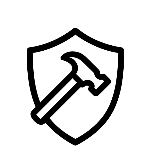 Icon für vandalismussichere Bauweise – Schild mit Hammer, Symbol für Robustheit und Schutz gegen Eingriffe, minimalistisches Design, transparenter Hintergrund.