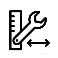 Icon für individuelle Anpassung – Gehäuse mit Maßstab, Schraubenschlüssel und Pfeilen, Symbol für Wunsch- und Maßanfertigung, transparenter Hintergrund.