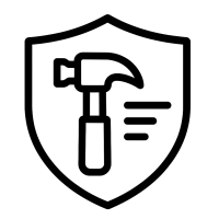 Robust & langlebig – hochwertige Materialien für dauerhaften Einsatz Icon für Robustheit und Langlebigkeit – Schild mit Hammer als Symbol für hochwertige Materialien und dauerhaften Einsatz, minimalistisches Design auf transparentem Hintergrund.