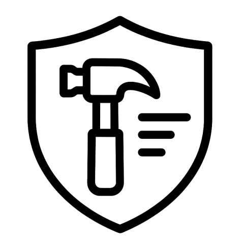 Icon für Robustheit und Langlebigkeit – Schild mit Hammer als Symbol für hochwertige Materialien und dauerhaften Einsatz, minimalistisches Design auf transparentem Hintergrund.