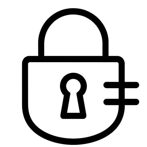 Icon für Sicherheit – Symbol mit Schloss und klaren Linien, steht für präzise Fertigung, hohe Qualität und Verlässlichkeit, minimalistisches Design auf transparentem Hintergrund.