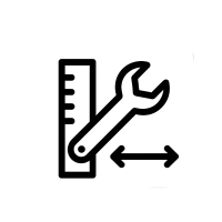 Optional individuell nach Wunsch und Maß – Gehäuse flexibel anpassbar Icon für individuelle Anpassung – Gehäuse mit Maßstab, Schraubenschlüssel und Pfeilen, Symbol für Wunsch- und Maßanfertigung, transparenter Hintergrund.