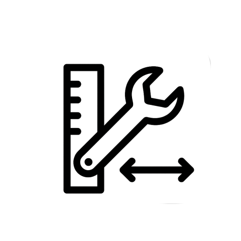 Icon für individuelle Anpassung – Gehäuse mit Maßstab, Schraubenschlüssel und Pfeilen, Symbol für Wunsch- und Maßanfertigung, transparenter Hintergrund.