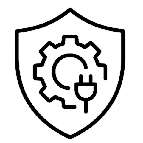 Icon für Schutz von Technik und Anschlüssen – Schild mit Zahnrad und Stecker-Symbol, minimalistisches Vektordesign auf transparentem Hintergrund.