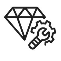 Icon für langlebige und stabile Konstruktion – Diamant und Zahnrad mit Schraubenschlüssel als Symbol für Beständigkeit und Robustheit, minimalistisches Vektordesign ohne Text auf transparentem Hintergrund.