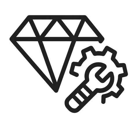 Icon für langlebige und stabile Konstruktion – Diamant und Zahnrad mit Schraubenschlüssel als Symbol für Beständigkeit und Robustheit, minimalistisches Vektordesign ohne Text auf transparentem Hintergrund.