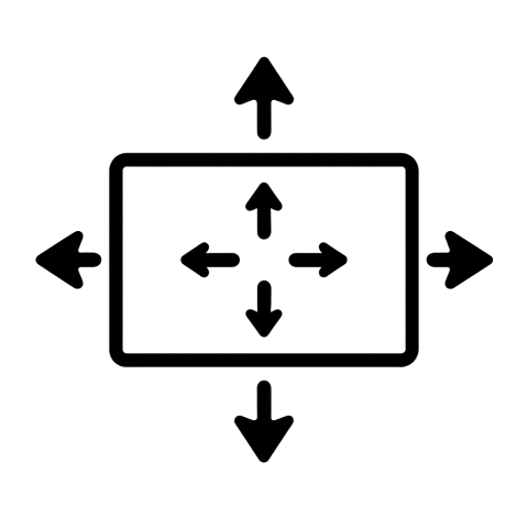 Icon für flexible Größenanpassung – Monitor-Symbol mit Pfeilen in alle Richtungen, die Variabilität und Anpassbarkeit darstellen, minimalistisches Vektordesign auf transparentem Hintergrund.