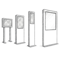 Digitale Outdoor Stele – Verschiedene Formen, Größen und Designs als Beispielskizze Skizze von verschiedenen digitalen Outdoor-Stelen in unterschiedlichen Formen, Größen und Designs mit transparentem Hintergrund