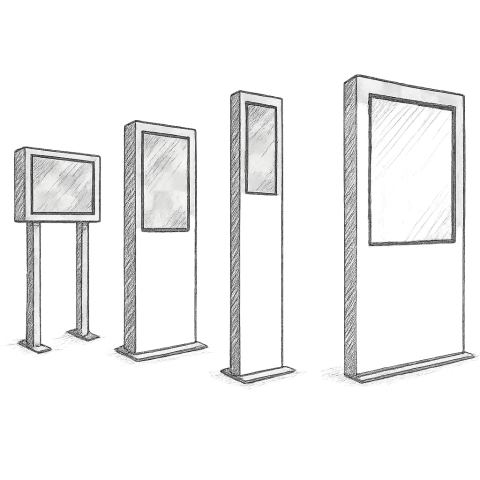 Skizze von verschiedenen digitalen Outdoor-Stelen in unterschiedlichen Formen, Größen und Designs mit transparentem Hintergrund