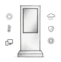 Outdoor-Stele mit Schutzgehäuse für Digital Signage Skizze einer Outdoor-Stele mit Symbolen für Wetterbeständigkeit, Temperaturkontrolle und Digital Signage Technik
