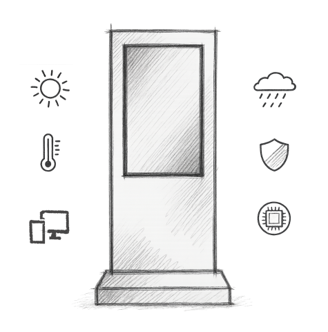 Skizze einer Outdoor-Stele mit Symbolen für Wetterbeständigkeit, Temperaturkontrolle und Digital Signage Technik