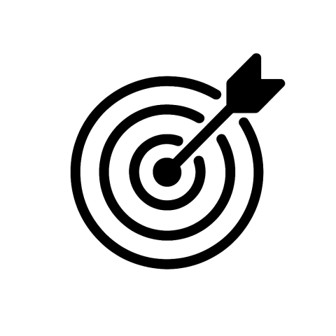 Icon für gezieltes Targeting – Zielscheibe mit konzentrischen Ringen und Pfeil genau im Zentrum, minimalistisches Vektordesign auf transparentem Hintergrund.