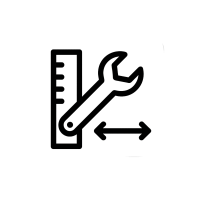 Optional individuell nach Wunsch und Maß – Gehäuse flexibel anpassbar Icon für individuelle Anpassung – Gehäuse mit Maßstab, Schraubenschlüssel und Pfeilen, Symbol für Wunsch- und Maßanfertigung, transparenter Hintergrund.