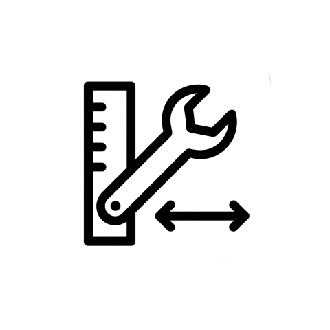 Icon für individuelle Anpassung – Gehäuse mit Maßstab, Schraubenschlüssel und Pfeilen, Symbol für Wunsch- und Maßanfertigung, transparenter Hintergrund.