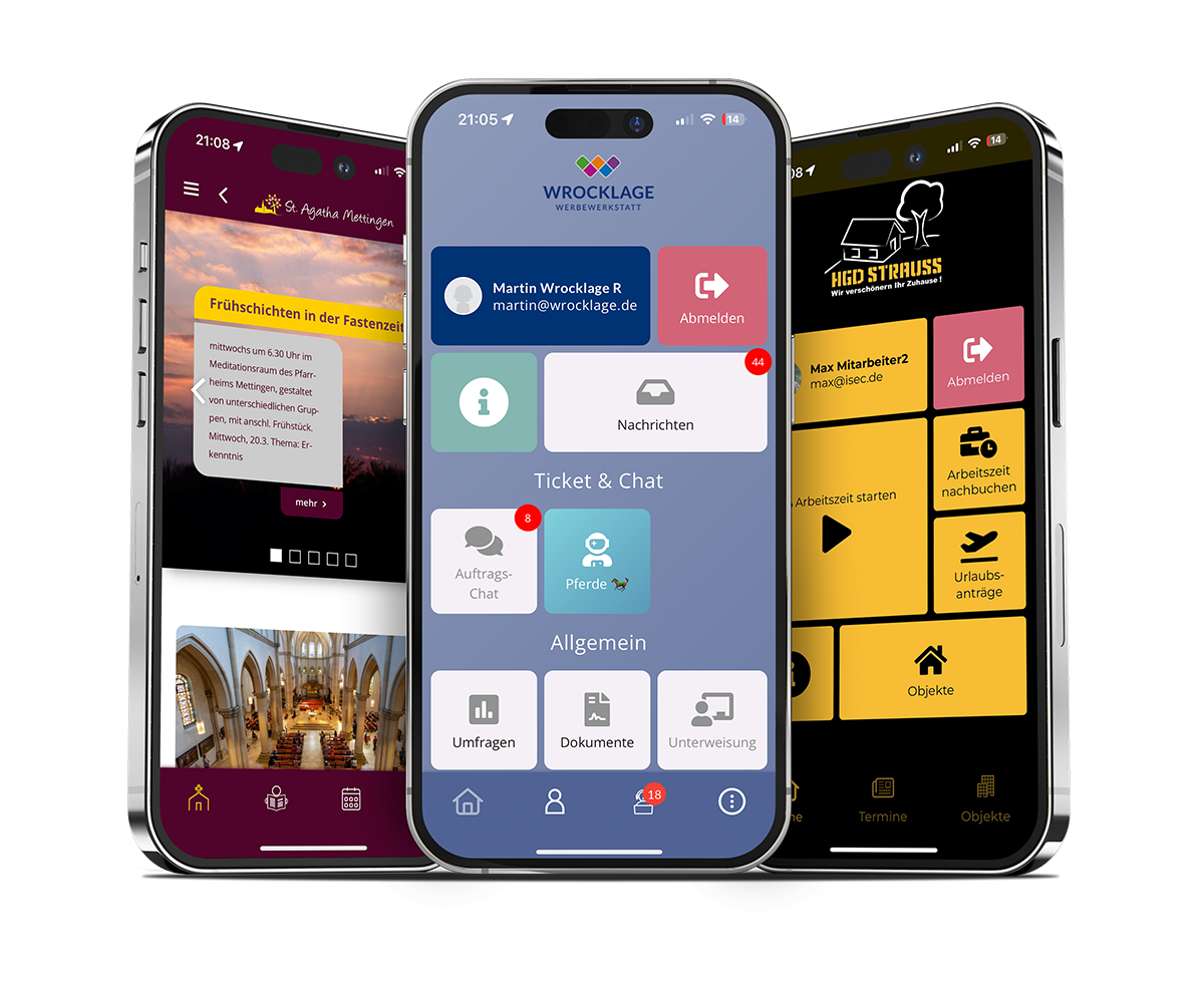 Drei Smartphone-Screens mit der App Wrocklage, verschiedene Benutzeroberflächen