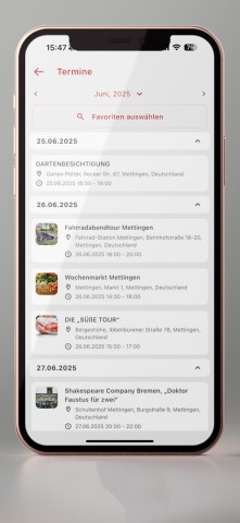 App zur Terminübersicht in Mettingen für Juni 2025 Smartphone mit Kalenderansicht für Termine im Juni 2025, darunter verschiedene Events in Mettingen.