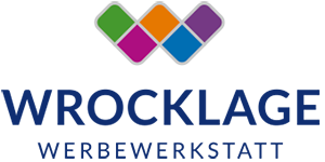 Logo Wrocklage Werbewerkstatt mit buntem stilisiertem Quadrat-Mosaik und blauer Schrift