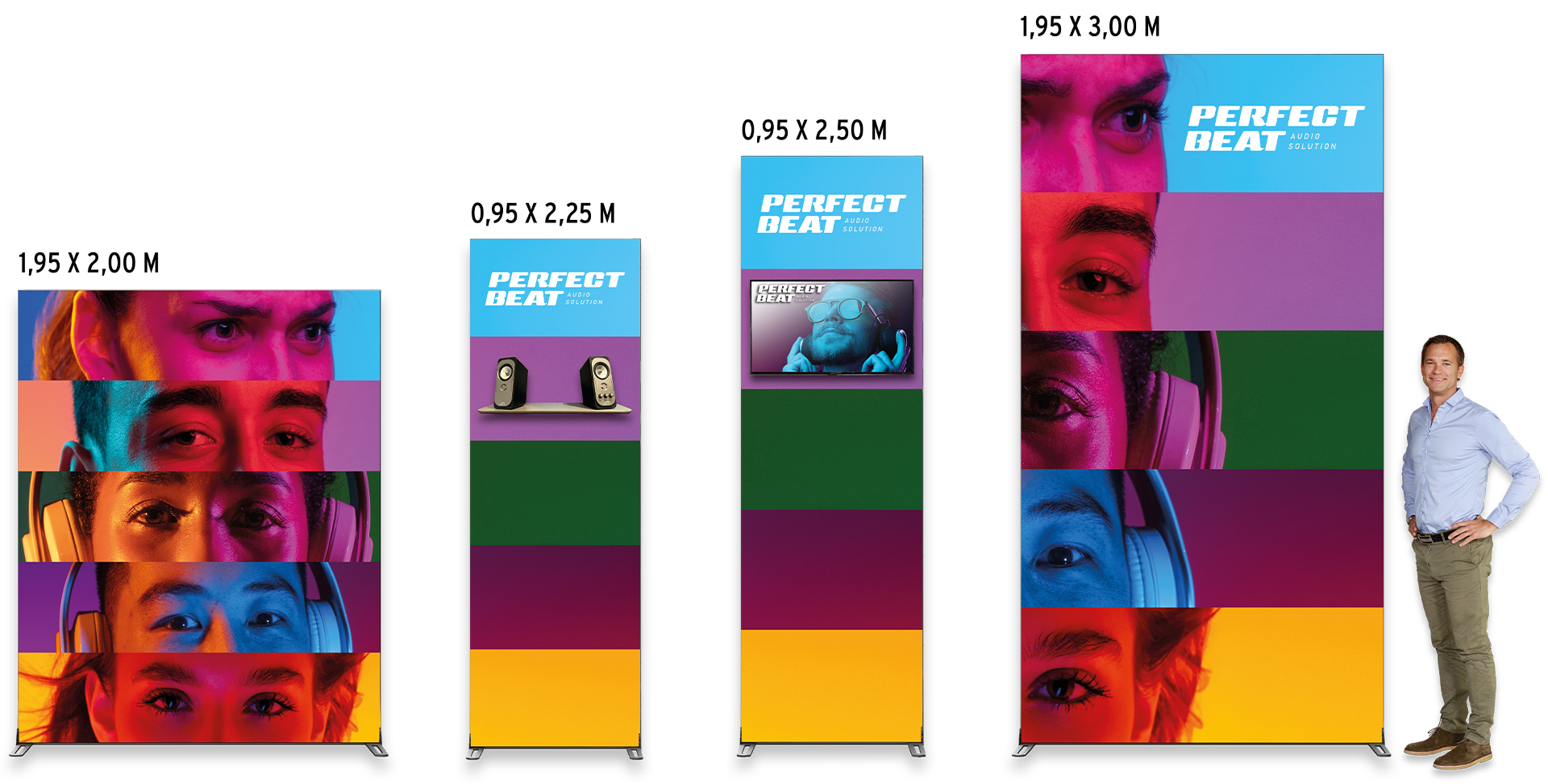Expolinc classic Frame System – modulare Messesysteme in verschiedenen Größen Expolinc Frame Systemmodule in verschiedenen Höhen und Breiten mit Perfect-Beat-Motiv für flexible Messepräsentationen