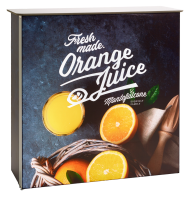 Leuchtende Messetheke Expolinc Light Frame Counter mit bedruckter Frontgrafik „Fresh made Orange Juice“ und Orangenmotiv auf dunklem Hintergrund