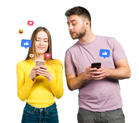 Social Media Interaktion – Likes, Kommentare und digitale Kommunikation Zwei Personen nutzen Smartphones mit Social-Media-Symbolen für Likes und Kommentare auf blauem Hintergrund