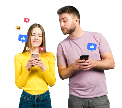 Social Media Interaktion – Likes, Kommentare und digitale Kommunikation Zwei Personen nutzen Smartphones mit Social-Media-Symbolen für Likes und Kommentare auf blauem Hintergrund