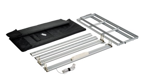 Zerlegte Bauteile des Expolinc Light Frame Counter inklusive Aluminiumrahmen, LED-Modulen und schwarzer Transporttasche