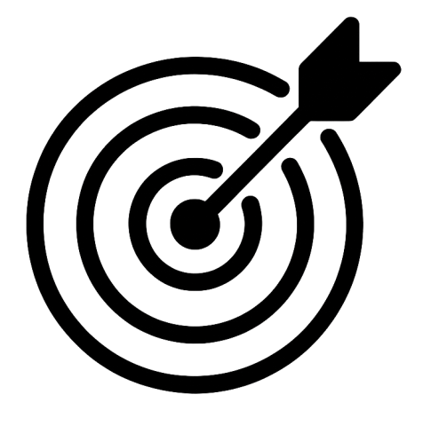 Icon für gezieltes Targeting – Zielscheibe mit konzentrischen Ringen und Pfeil genau im Zentrum, minimalistisches Vektordesign auf transparentem Hintergrund.