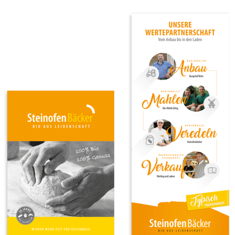 Flyer und Broschüren – kreative Werbematerialien mit emotionalem Markenfokus Zwei Werbeflyer mit Markenbotschaften und Produktfotos, Beispiel für emotional gestaltete Printkommunikation
