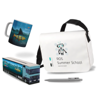 Bedruckte Werbemittel bestehend aus Tasse, Umhängetasche, Modell-LKW und Kugelschreiber mit individuellen Motiven